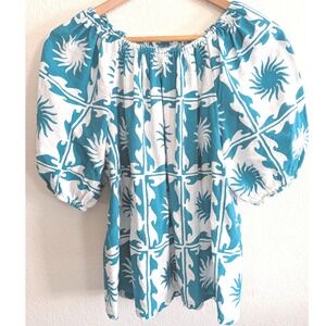 Sonoma Goods For Life Womens Teal Sunburst Puff Sleeve Peasant Blouse Size M